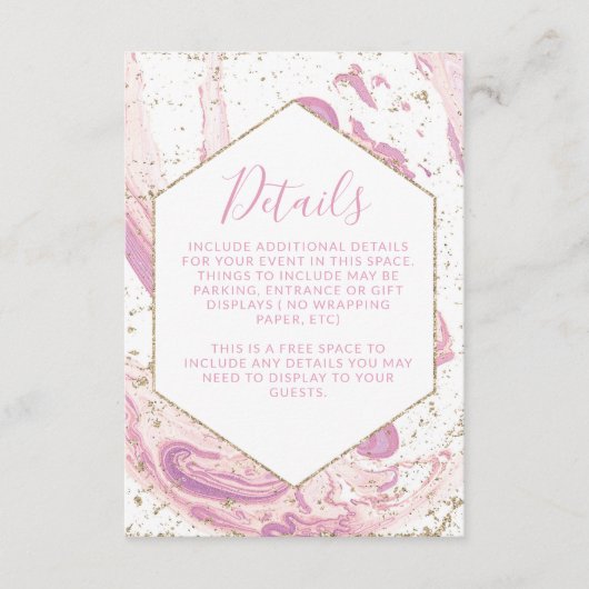 Gegevens roze en goudmarmer informatiekaartje (Voorkant)