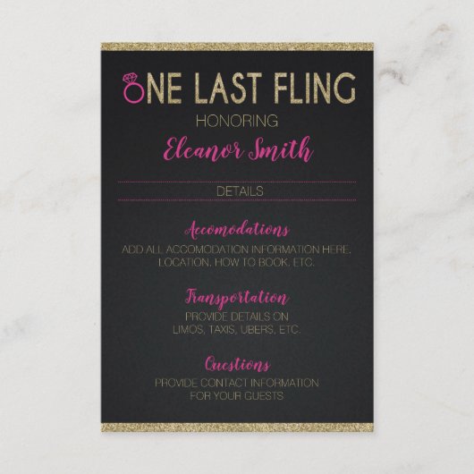 Gegevens van Bachelorette of Hens Party Informatiekaartje (Voorkant)