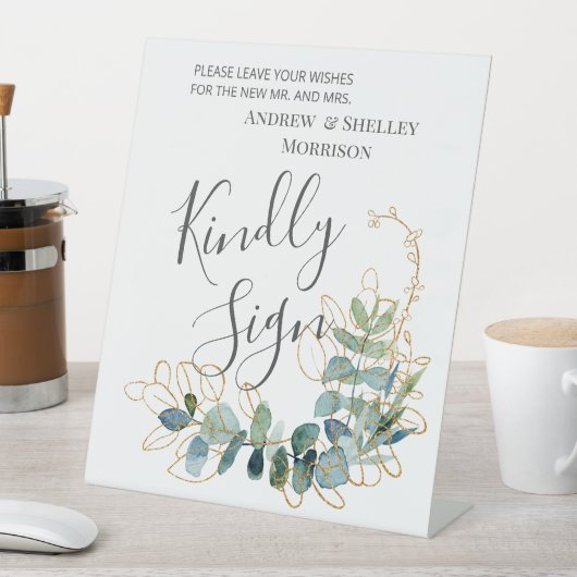 GeGilded Eucalyptus Sign Weddenschap Guest Book Reclamebord Met Voetstuk (Insitu)
