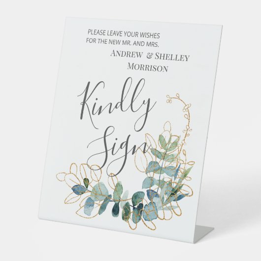 GeGilded Eucalyptus Sign Weddenschap Guest Book Reclamebord Met Voetstuk (Voorkant)