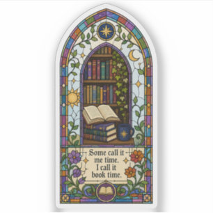 Geglazuurde bibliotheek met 'Boektijd' citaat Sticker