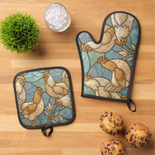 Geglazuurde Hanen Elegante Kippenboerderij Ovenwant & Pannenlap Set