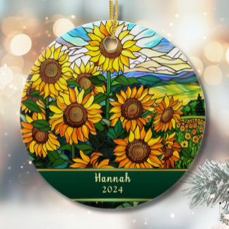 Geglazuurde zonnebloemen gepersonaliseerd keramisch ornament