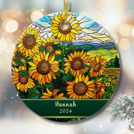 Geglazuurde zonnebloemen gepersonaliseerd keramisch ornament