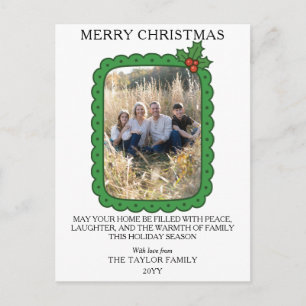 Gegolfde Handgetekende Hulst Kerst Familie Foto Feestdagenkaart