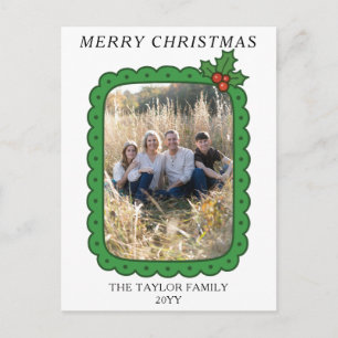 Gegolfde Handgetekende Hulst Kerstmis Familie Foto Feestdagenkaart