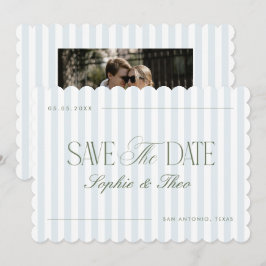 Gegolfde Kustblauwe Saliegroene Strepen Bruiloft Save The Date