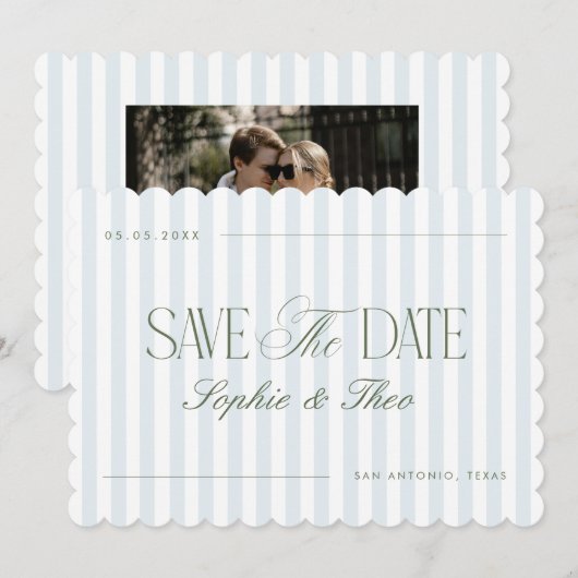 Gegolfde Kustblauwe Saliegroene Strepen Bruiloft Save The Date (Voorkant / Achterkant)