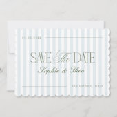 Gegolfde Kustblauwe Saliegroene Strepen Bruiloft Save The Date (Voorkant)