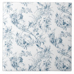 gegraveerd Frans Floral Fantasy Toile-Blue Tegeltje<br><div class="desc">Elegant 19e-eeuwse blauw-op-witte tegel, aangepast aan een Franse tekening in het Smithsonian collectie met fantasievloemen, bladeren en wijnstokken met een kakelde, inheemse krijger en menselijke figuren.</div>