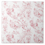 gegraveerd Frans Floral Fantasy Toile-Pink Tegeltje<br><div class="desc">Elegant  19e-eeuwse roze-op-witte tegel,  aangepast aan een Franse tekening in het Smithsonian collectie met fantasiesbloemen,  bladeren en wijnstokken met een bezette,  inheemse krijger en menselijke persoonlijkheid.</div>