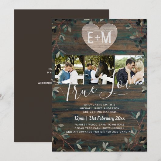 Gegraveerd Heart Rustic Initialen Hood Foto bruilo Kaart (Voorkant / Achterkant)