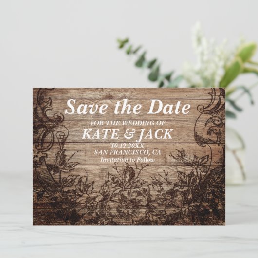 gegraveerd hout | Datum opslaan Save The Date (Staand voorkant)