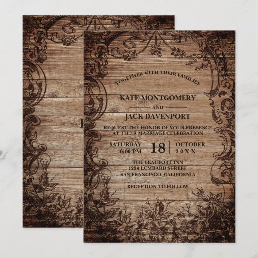 gegraveerd hout Rustic Wedding Kaart (Voorkant / Achterkant)