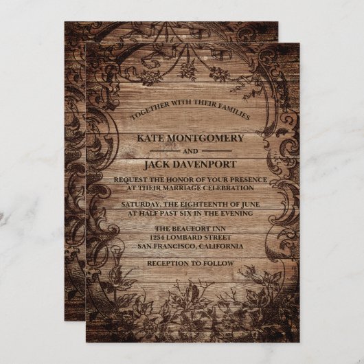  gegraveerd hout Rustic Wedding Kaart (Voorkant / Achterkant)