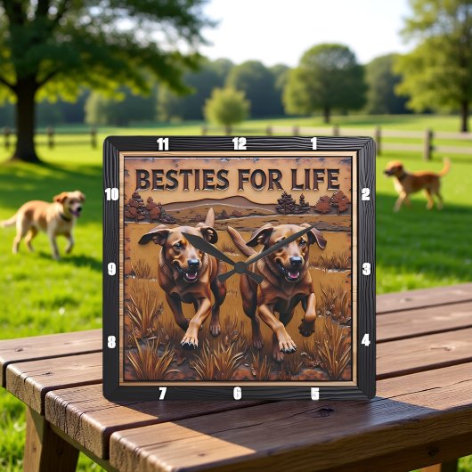 Gegraveerd paar honden rennend veld vierkante klok