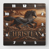 gegraveerd paard dat over een tarweveld rent vierkante klok (Voorkant)