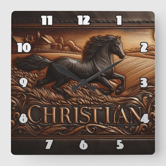 gegraveerd paard dat over een tarweveld rent vierkante klok (Voorkant)