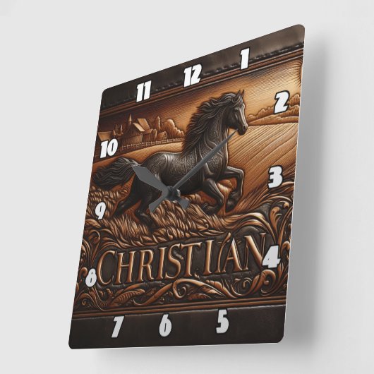 gegraveerd paard dat over een tarweveld rent vierkante klok (Hoek)