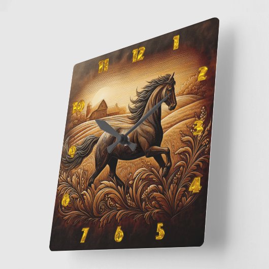 gegraveerd paard dat over een tarweveld rent vierkante klok (Hoek)