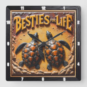 Gegraveerd Schildpad Paar Zand Besties Vierkante Klok (Voorkant)