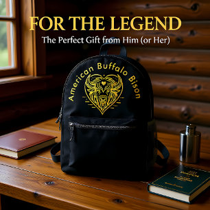 Gegraveerde bizonbuffelkop in cirkelvormig ontwerp bedrukte rugzak