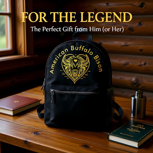 Gegraveerde bizonbuffelkop in cirkelvormig ontwerp bedrukte rugzak