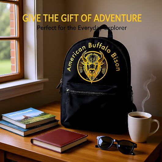 Gegraveerde bizonbuffelkop in cirkelvormig ontwerp bedrukte rugzak