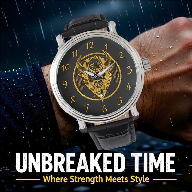 Gegraveerde bizonbuffelkop in cirkelvormig ontwerp horloge (Creator heeft geüpload)