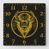 Gegraveerde bizonbuffelkop in cirkelvormig ontwerp vierkante klok (Voorkant)