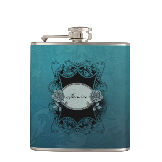  gegraveerde blauwe damast heupfles (Voorkant)