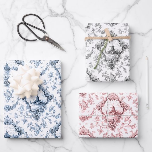 Gegraveerde  Bloemen Toile w / Windmolen & Boats Inpakpapier Vel (Voorkant)