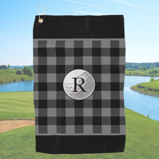 Gegraveerde golfbal in grijs buffelplaid golfhanddoek