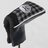 Gegraveerde golfbal in grijze buffelplaid golfheadcover (3/4 voorkant)