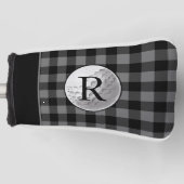 Gegraveerde golfbal in grijze buffelplaid golfheadcover (Voorkant)