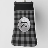 Gegraveerde golfbal in grijze buffelplaid golfheadcover (Draai 90)