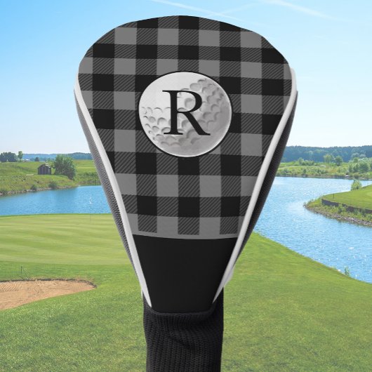 Gegraveerde golfbal in grijze buffelplaid golfheadcover