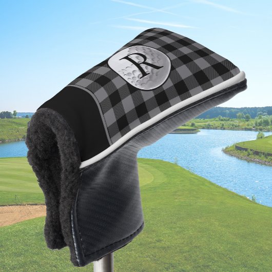 Gegraveerde golfbal in grijze buffelplaid golfheadcover
