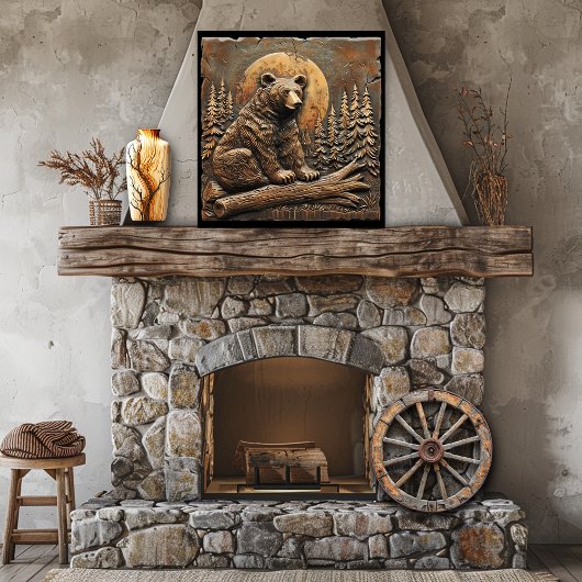 Gegraveerde houten beer dennenbomen ondergaande zo poster