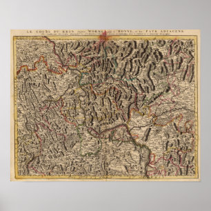 Gegraveerde kaart van de Rijnriviervallei Poster