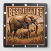 Gegraveerde Olifant Moeder Baby Hoog Gras Vierkante Klok (Voorkant)