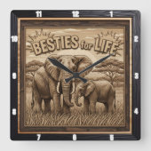 Gegraveerde Olifant Moeder Baby Savannah Vierkante Klok (Voorkant)