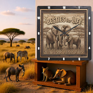 Gegraveerde Olifant Moeder Baby Savannah Vierkante Klok