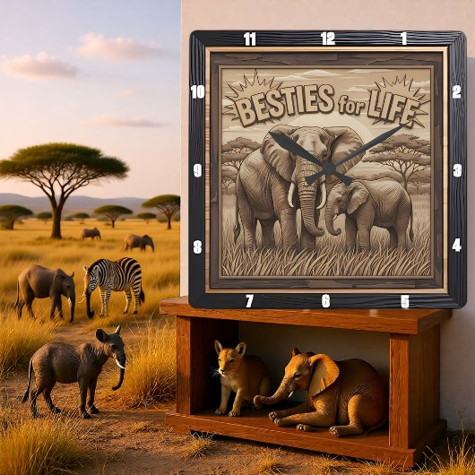 Gegraveerde Olifant Moeder Baby Savannah Vierkante Klok