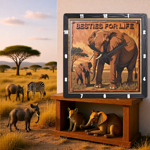 Gegraveerde Olifant Zonsondergang Savannah Vierkante Klok