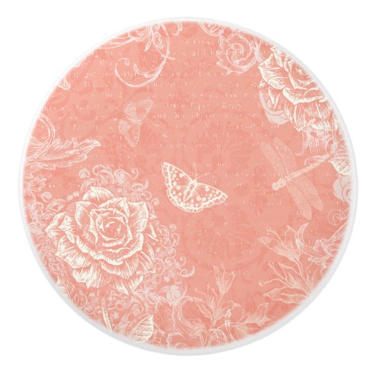 Gegraveerde Rozen, Vlinders en Libellen Keramische Knop (Voorkant)