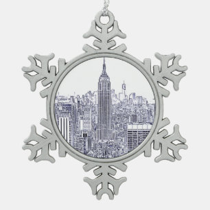 Gegraveerde uitzicht op NYC-sylhouet, ronde lijst Tin Sneeuwvlok Ornament