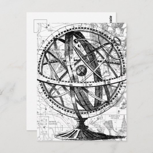 Gegraveerde wereldbollen aarde ingewikkelde retro briefkaart (Voorkant / Achterkant)