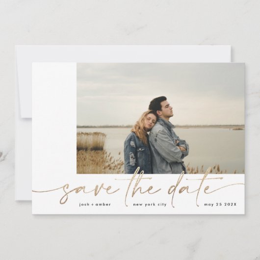 Gegrensd | Moderne Eenvoudige witte foto Gold Foil Save The Date (Voorkant)