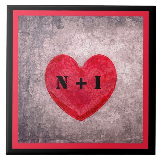 Gegrensteld hart in zwart-wit en rood speldenmonog tegeltje (Voorkant)